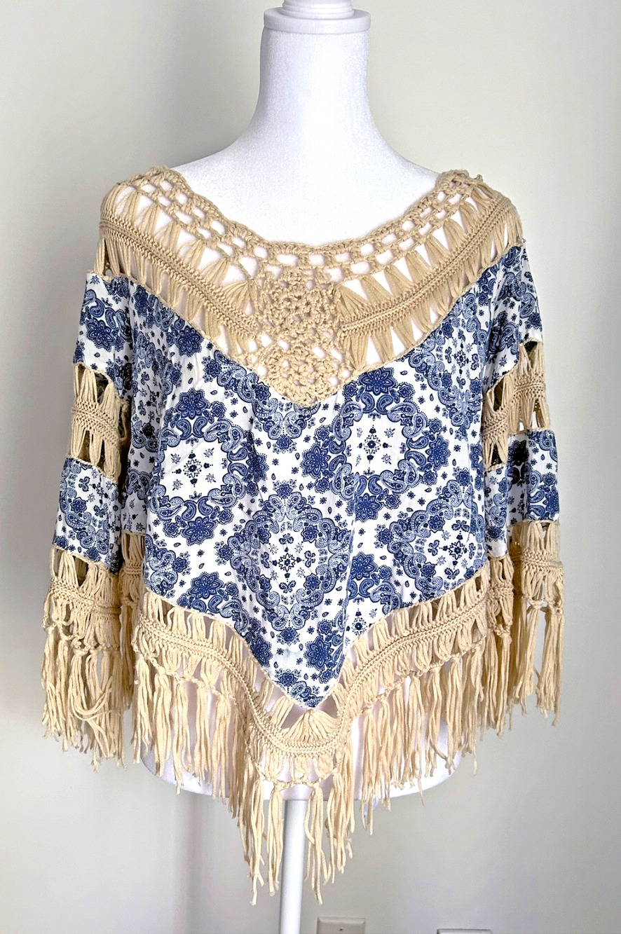 Umgee Crochet Fringe 3/4 Sleeve Top, Boho Festival Outfit, Paisley Print, Small